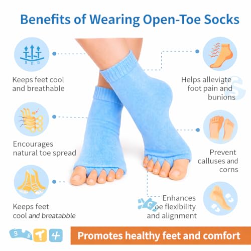 Image of Foot Alignment Orthopedic Cotton Socks for Men & Women | Five Toe Separator | Foot Pain Relief | Bunion Corrector | Plantar Fasciitis Support |Free Size | Black-SkyBlue | 2 Pair | UK8-11