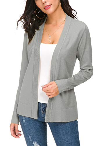 EXCHIC Damen Elegant Langarm Elastisch Strickjacke Cardigan Casual Leicht V-Ausschnitt Gestrickt Blazer (XL, Hellgrau)