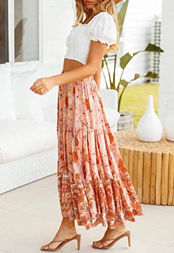 Merokeety Women's Boho Floral Print Elastic High Waist Pleated A Line Midi Skirt Peach #TOP3