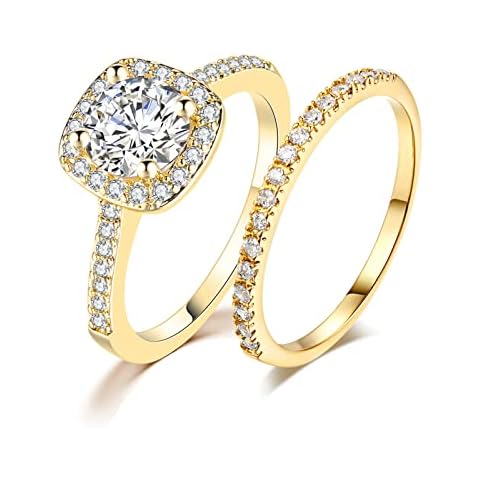 Ahloe Jewelry CEJUG 18K Gold Plated Wedding Rings for Women Engagement Bridal Ring Set Wedding Bands Halo Round Golden 1.5Ct Cz Size 4 Cover