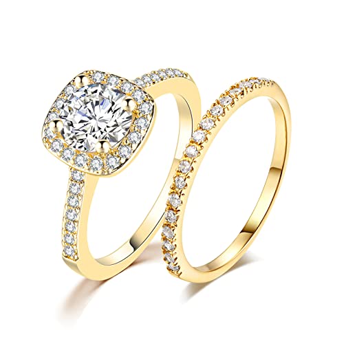 Ahloe Jewelry 18K Gold Plated Wedding Rings for Women Engagement Bridal Ring Set Wedding Bands Halo Round Golden 1.5Ct Cz Size 5