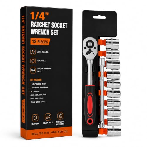 Image of 12 in 1 Heavy Duty Socket Set 1 /4 inch Chrome Vanadium Steel Ratchet Socket Wrench Spanner | Soft Grip 12 Pieces Hand Tool Kit For Mechanic Tool Kits (Pack of 1)