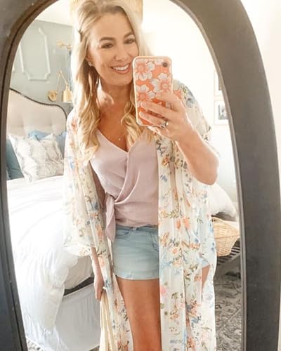 Hibluco Women's Long Floral Kimono Printed Cardigan Sheer Swimsuit Cover Ups