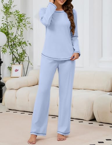 Image of KCW Womens Pajamas Sets 100% Cotton 2 Piece Lounge Set Long Sleeve Tops and Pants Soft Pjs Sleepwear with Pockets
