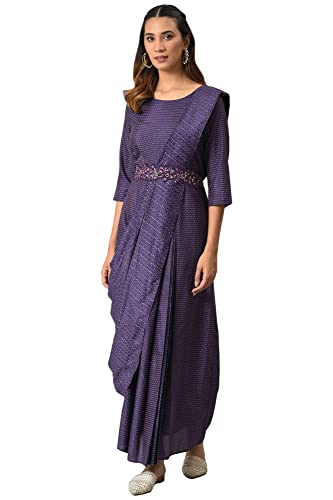 Image of W for Woman Women Maroon Maxi Insta Saree Dress with Embroidered Belt