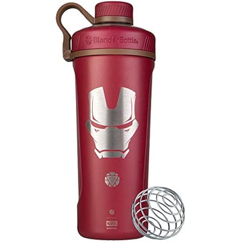 Flaow BlenderBottle Marvel Radian Shaker Cup Insulated Stainless Steel Water Bottle with Wire Whisk, 26-Ounce, Iron Man Reactor Cover