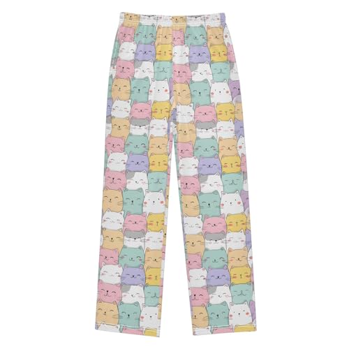ALAZA White Blue Yellow Cat Kitten Pajama Lounge Pants Long Sleep Pajama Bottoms with Pockets