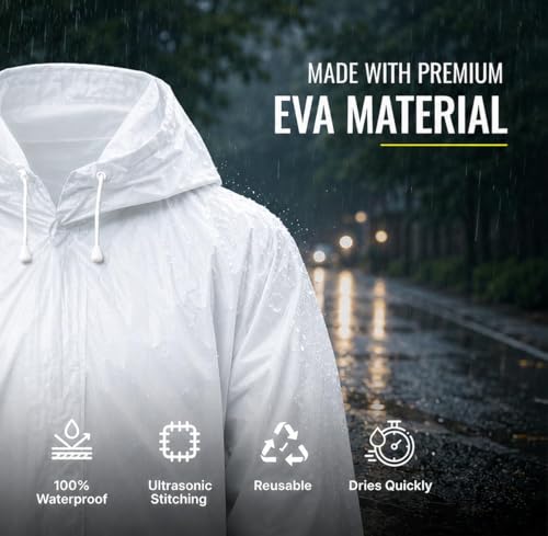 Image of EVA Raincoat for Men & Women, Black, Waterproof, Hooded with Adjustable Drawstrings, Knee Length, Reusable (White)