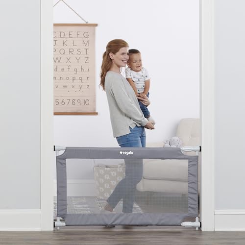 Image of Regalo Safety 27.5-50” Extra Wide Mesh Baby Gate for Doorways & Hallways, Expandable Pressure Mounted Baby Gate for Toddlers & Pets, Includes Rubber Bumpers, Gray