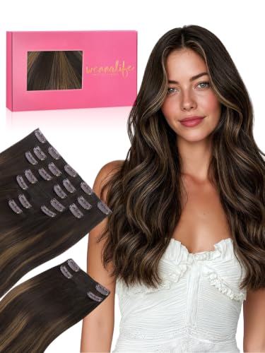 WENNALIFE Clip in Hair Extensions, 150g 18 Inch 9pcs Balayage Dark Brown to Chestnut Brown Remy Hair Thicker Double Weft Extensiones De Cabello Humano Con Clip Ins Straight Full Volume