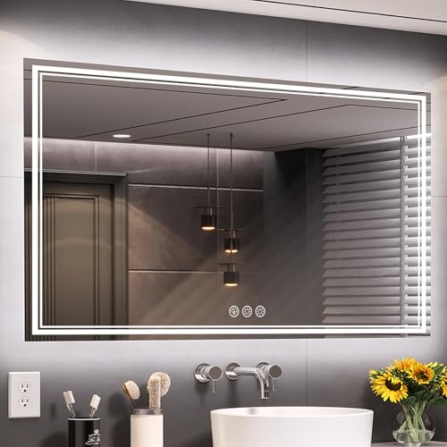 Image of 55x30 Inch LED Bathroom Mirror with Frontlit & Backlit(Independent Control), Lighted Mirror for Bathroom Wall with 3-Color Dimmable & Anti-Fog, Vanity Mirror with Lights