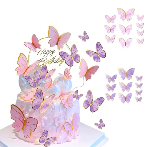 21 peças borboletas ornamentos para bolos com purpurpurinas 3D, inclui 1 inserções de bolo acrílico, decoração de bolos para aniversários, meninas, casamentos, festas dos namorados, cor rosa e roxo