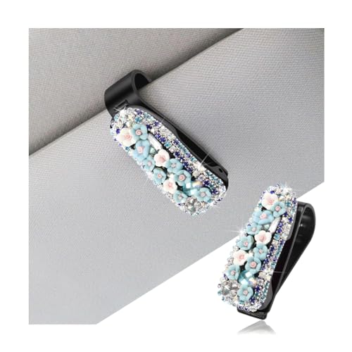 Mandark Bling Glasses Holder for Car Sun Visor, Crystal Rhinestone Vehicle Sunglasses Hanger Mount with Ticket Card Clip, Auto Eyeglasses Hanging Accessories for Women Girls, Universal Fit?Blue?