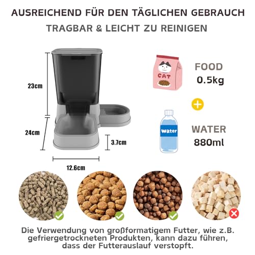 Automatischer Katzenfutterspender, 2-in-1 Abnehmbarer Schwerkraft-Futter- und Wasserspender für Katzen und kleine Hunde (Grau)