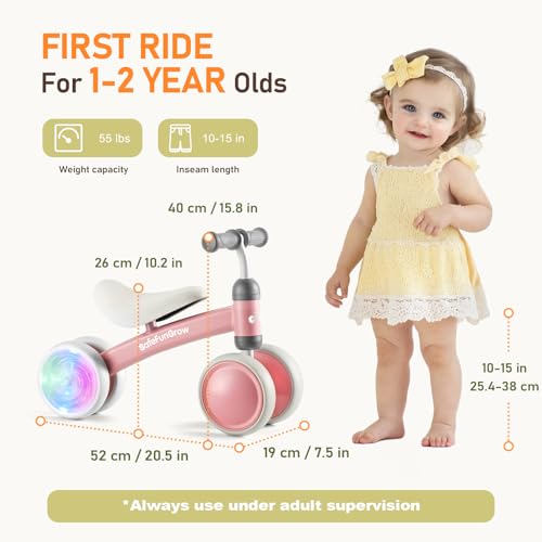 Image of Colorful Lighting Baby Balance Bike Toys for 1 Year Old Girl Gifts, Balance Bike 1 Year Old No Pedal, 12-24 Months Toddler Ride on Toys with 4 Silent Wheels & Soft Seat, 1st Birthday Gifts, Pink