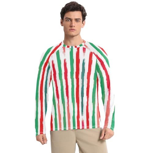 White Red Green Stripes Mens Rash Guard UV Protection UPF 50+ Sun Shirt Quick Dry Long Sleeve Fishing Shirts, Medium
