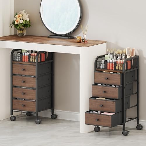 SWTYMIKI Rolling Makeup Organizer Cart - Under Desk Vanity Makeup Storage with 4 Non-woven Drawers Nail Cart Organizer Cosmetic Display Cases Cabinet for Skin Care Perfume Nail Polish Brush Hair Tool