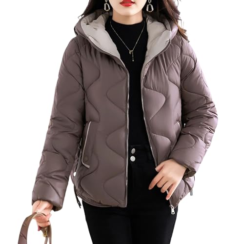 Aosufei Chaqueta acolchada de algodón con capucha y cremallera para mujer, clásica, ligera, casual, a la moda, ajuste delgado, ropa de abrigo de invierno gruesa, café, L