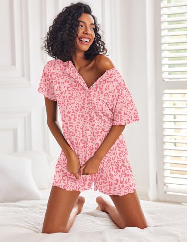 Image of Ekouaer Pajamas Set for Women Short Sleeve Lounge Set 2 Piece Loungewear PJs Soft Cute Lightweight Sleepwear