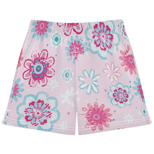 pnyoin Girl's Shorts Pink Flowers Floral Athletic Running Shorts with Pockets Size 9-10t