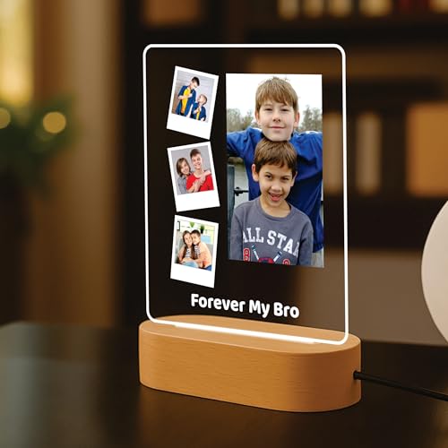 Image of Giftplease Custom Photo Acrylic LED Lamp Night Light - Personalized Picture Frame with Wood Base Warm Glow Desk Lamp,Custom Birthday, Rakhi, Graduation for Brother, Sibling, Best Friend