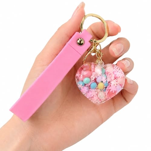 Image of Wanna Party Heart Shaped Beads Keychain with Pink Wrist Strap, Cute Bag Charm Key Ring for Girls, Backpack Accessories, Birthday Return Gifts, Party Favors, School Bag Decoration - 1PC