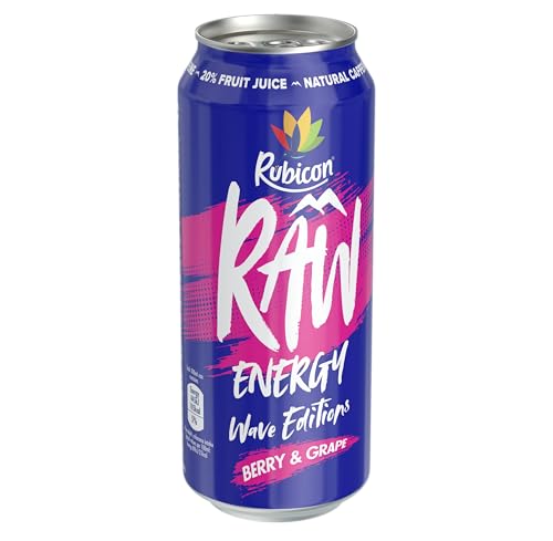 Rubicon RAW 12 Pack Berry & Grape Wave Edition Energy Drink, 20% Real Fruit Juice, High caffeine with B-Vitamins, Ginseng & Guarana, No Artificial Colours or Flavours, Reduce Tiredness & Boost Energy