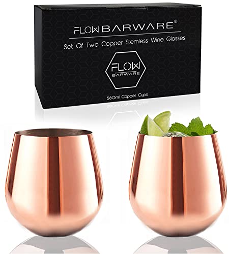 FLOW Barware Copper Cup Set | Copper Mug for Red Wine, White Wine & Moscow Mule Cocktails | Set of 2 560ml Stainless Steel Stemless Wine Glasses