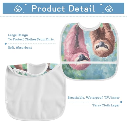 MCHIVER Hanging Sloth Green Baby Bibs for tag1 Waterproof Feeding Bib Apron with Food Cather Adjustable Cotton Food Eating Bib 2 Pack3