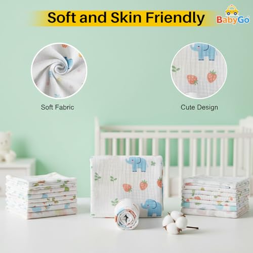Image of BabyGo Baby Muslin Washcloths, Super Soft 100% Cotton Face Towels | Reusable Hygiene Wash Cloth | Napkin for New Babies | Soft Hankies for Children (Small 30X 30Cm,(Pack of 5)
