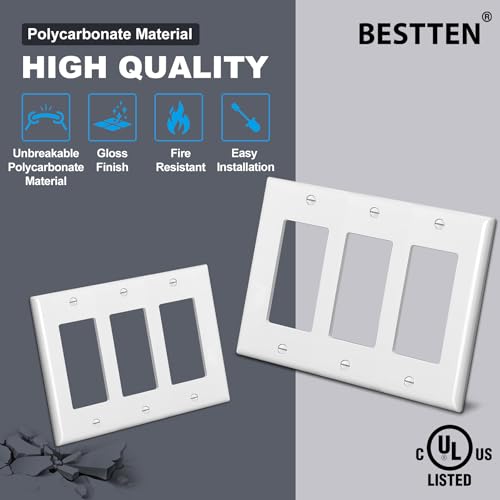 Image of 2 PK BESTTEN 3-Gang Decorator Wall Plate, GFCI Outlet & Dimmer Switch Cover | UL Listed, Standard Size, H4.53 inch x L6.38 inch, with 3 Decorator Openings, Unbreakable Polycarbonate, White