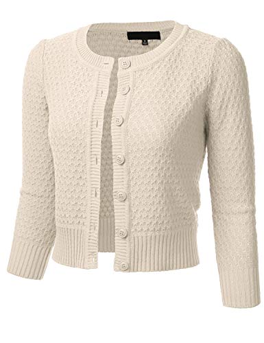 Floria Women's Button Down 3/4 Sleeve Crew Neck Cotton Knit Cropped Cardigan Sweater Oatmeal Xl #TOP26
