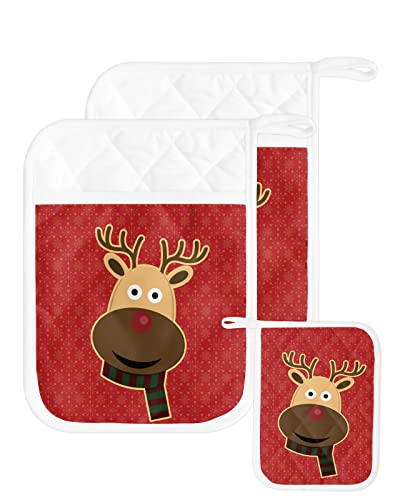 Christmas Reindeer Pot Holders With Pocket For Kitchen, Heat-Resistant Potholders Set Of 2, Hot Pads Oven Mitts With Hanging Loops For Home Cooking Baking Microwave, Rudolf Red Cartoon #TOP23
