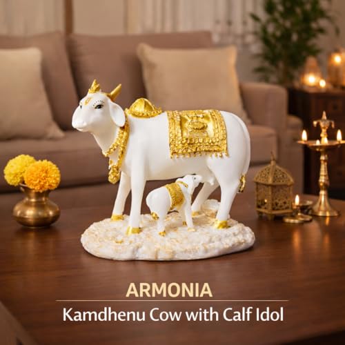 Image of ARMONIA Kamdhenu Cow with Calf Idol for Home Decoration | Dust Marble Finish Polyresin Gau Mata Statue | Vastu & Feng Shui Good Luck Showpiece for Living Room, Pooja Room | Wedding & Housewarming Gift