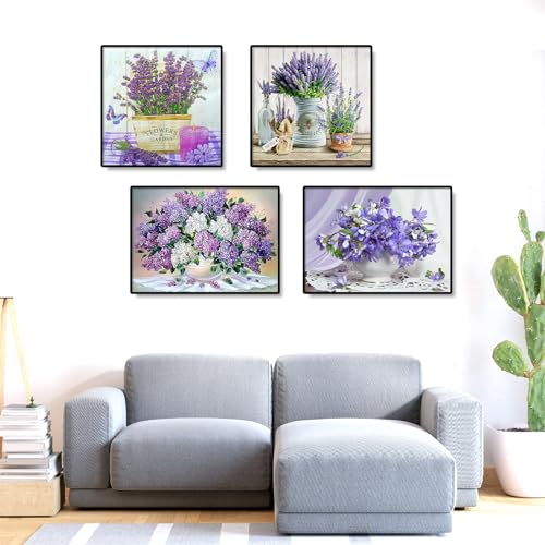 SHEGZHUC Diamond Painting Purple Flowers Set of 4 30 x 30/40 cm Diamond Painting Pictures Butterflies Lilac Colour Diamond Painting Orchids Purple Diamond Painting Bouquet in Vase Embroidery Landscape - Image 3