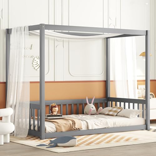 WRTEYEUI Twin Size Floor Bed with Fence, Canopy Wood Montessori Bed Playhouse Wooden Bed Frame with Safety Guardrail for Kids, Teens, Gray