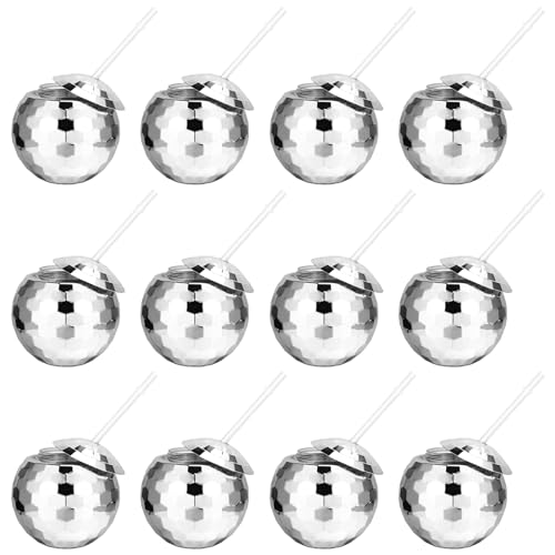 Guiqulai 12 Pcs Disco Ball Cups 20 Oz Tumbler Disco Flash Ball Cups Reusable Spherical Cocktail Cups with Lid and Straw Silver Disco Wine Cups for Nightclub Disco Bar Party Decor(12 Pcs)