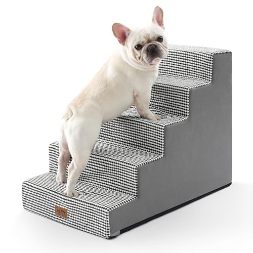 Image of COZY KISS Dog Stairs for Small Dogs 5-Step, 19.7 inch Extra Wide Right-Angle Pet Stairs for Couch and Beds, Anti-Slip Dog Steps for Old Cats and Lowrider, 19.7x29.5x23.6 inch, White Black