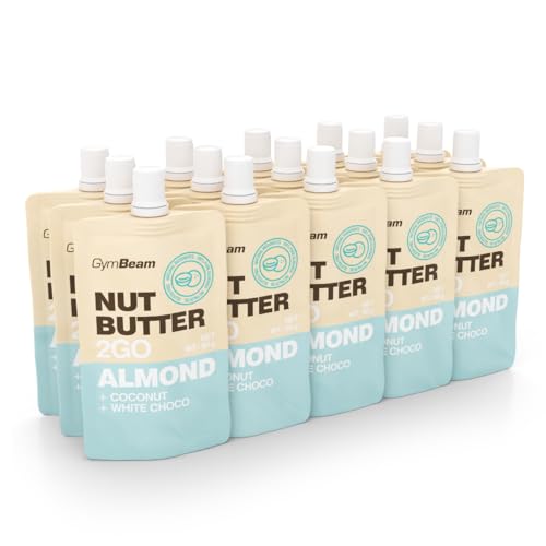Mantequilla de almendras GymBeam con coco y chocolate blanco (15 x 80 g), snack saludable, rico en fibra, envase resellable para viaje, ideal para excursiones, 15 x 80 g