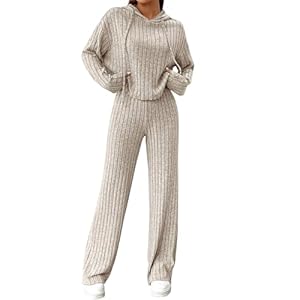 EFOGEP Damen Lounge Set: Trainingsanzug 2PCS Schlafanzug Rippenstrick Kapuzenpullover Oberteil und Hose mit weiten Beinen Pjs Freizeitanzüge Jogginganzug Loungewear Nachtwäsche Homewear Aprikose XL