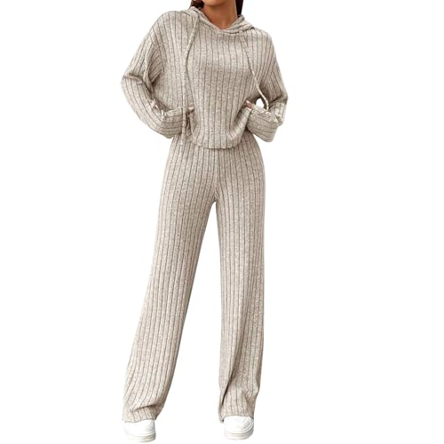 EFOGEP Damen Lounge Set: Trainingsanzug 2PCS Schlafanzug Rippenstrick Kapuzenpullover Oberteil und Hose mit weiten Beinen Pjs Freizeitanzüge Jogginganzug Loungewear Nachtwäsche Homewear Aprikose L