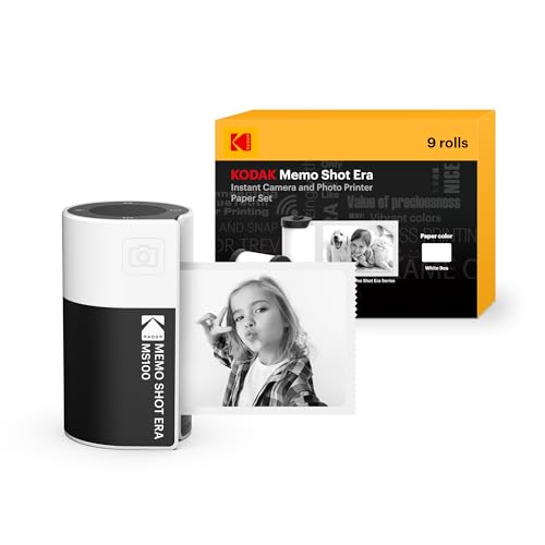 KODAK Memo Shot ERA Kids Instant Digital Camera and Photo Label Printer Bundle, White (Camera with 1 Roll One-Touch Label Cartridge + 9 Rolls Cartridge Set)