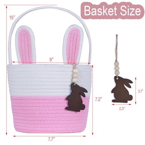 Image of Easter Basket, Empty Easter Baskets for Kids Boys Girls with Bunny Tag Egg Basket Eater Gifts Basket Toddler Teens Babys First Easter Basket with Handle Pink White
