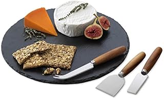 Occasion Round Natural Slate Cheese Board Set with 3 Acacia Cheese Knives