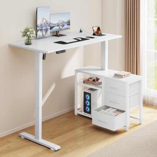 Image of 47 Inch L Shaped Desk with 3 Drawers Electric Standing Desks White | with Storage Computer Table Adjustable Height with Power Outlets 4 Memory Presets for Home Office, White