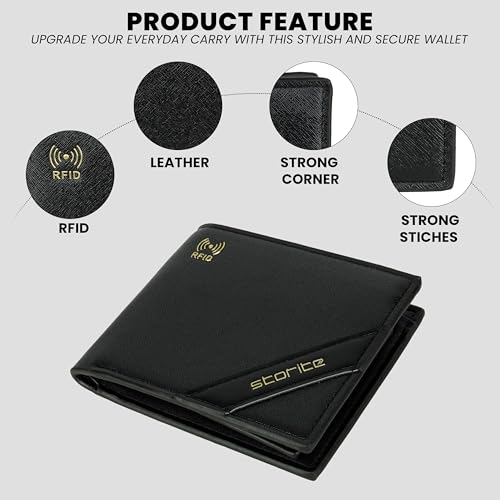 Image of Storite Men's RFID Blocking Leather Wallet Slim Bifold Wallet for Men with Card Slots, Cash Compartment, Stylish Black Everyday Wallet - Black