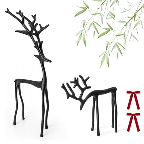 Set of 2 Black Reindeer Figurines for Christmas Tabletop and Mantel Decor, 7.6 & 4.3 Inch Modern Indoor Holiday Decorations - Jotron