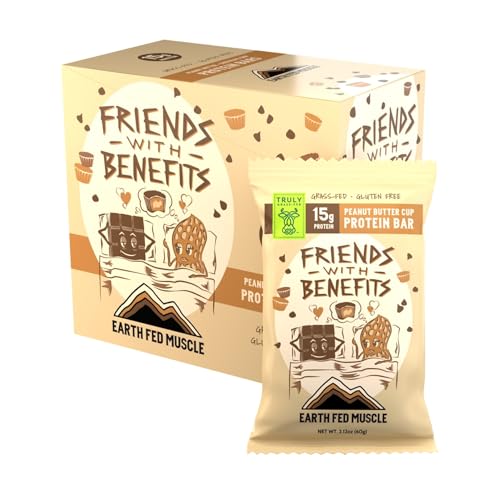 Earth Fed Muscle Friends with Benefits Chocolate Peanut Butter Grass Fed Whey Protein Bars | 15g Protein Snack | Gluten Free, Non-GMO, All-Natural Peanut Butter Energy | 2.12 oz Bars (10 Count)