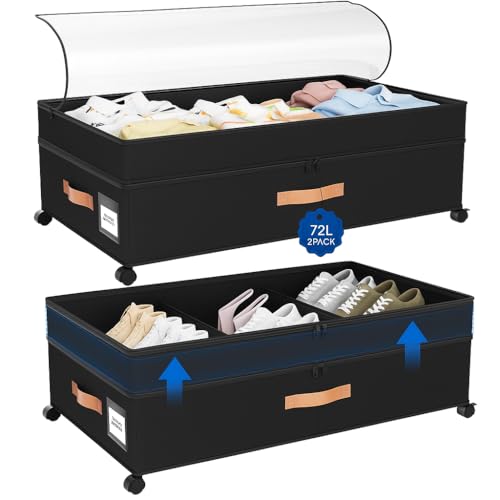 Almacenamiento debajo de la cama con ruedas, paquete de 2 cajones de almacenamiento XXL de 72 L, organizadores de armario ajustables de 10 pulgadas de alto con tapa, cajas grandes debajo de la cama