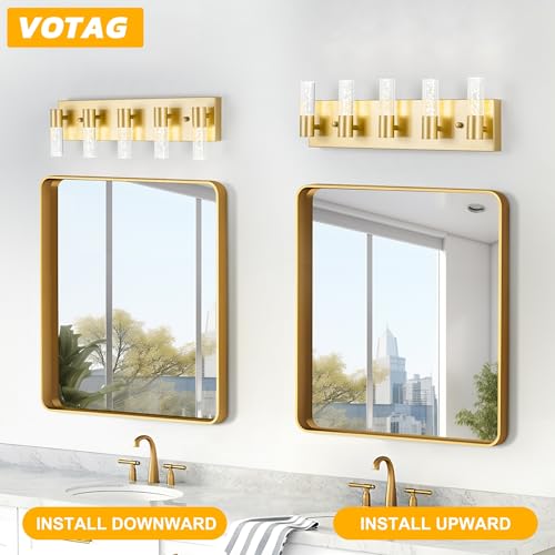 Image of Bathroom Vanity Light Fixtures Over Mirror, Brushed Golden Finish Coating, 5 Light Wall Sconces for Bathroom